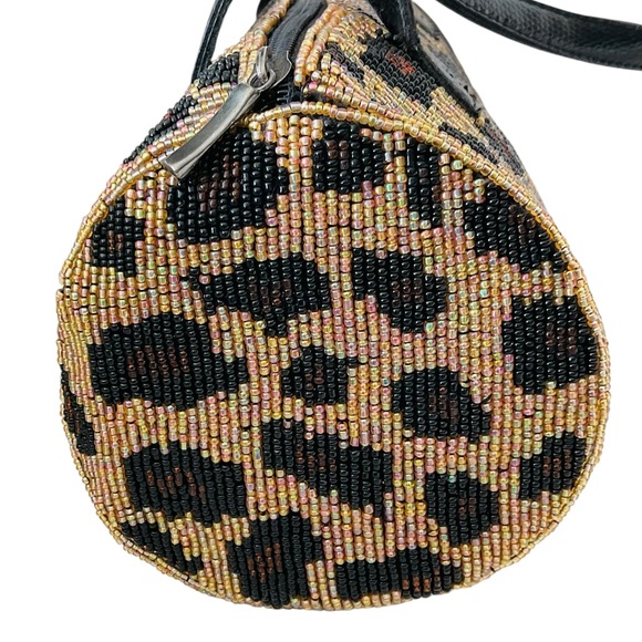 Vintage Beaded Leopard Print Barrel Bag Purse Double Handles - Picture 2 of 9